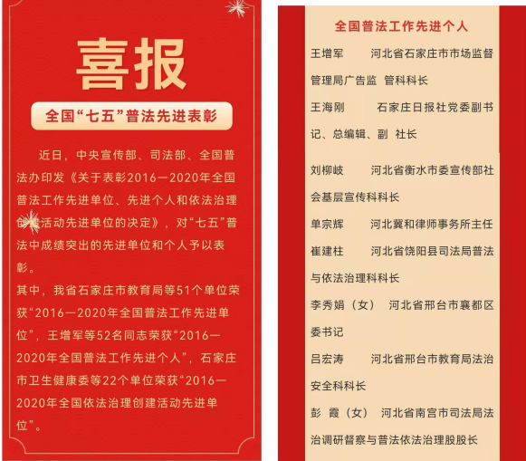热烈庆祝单宗辉律师荣获2016—2020年全国普法先进个人称号
